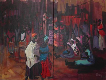 Named contemporary work « Soir de fête au village », Made by JACKI COLSON