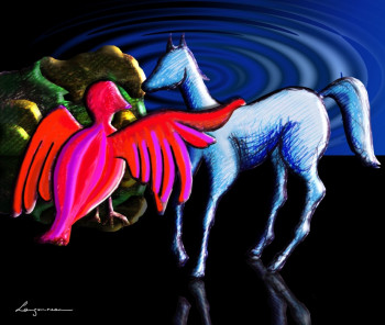 Named contemporary work « Le cheval et l'oiseau sur un rocher », Made by GILLES LANGOUREAU