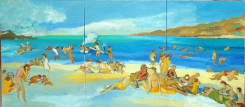 Named contemporary work « Scènes de plage tryptique », Made by PHILIPPE LE MONIES DE SAGAZAN