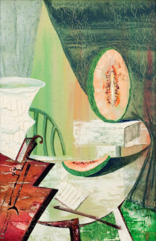 Named contemporary work « Still fife with violine and melon », Made by EFS