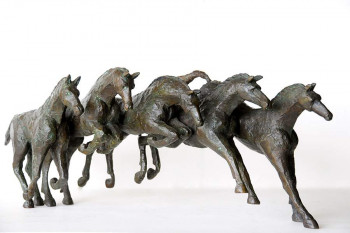 Named contemporary work « SAUT D'OBSTACLE 5 chevaux », Made by XAVIER CARNOY