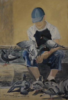 Named contemporary work « L'enfant aux pigeons », Made by GéRARD DUCHENE